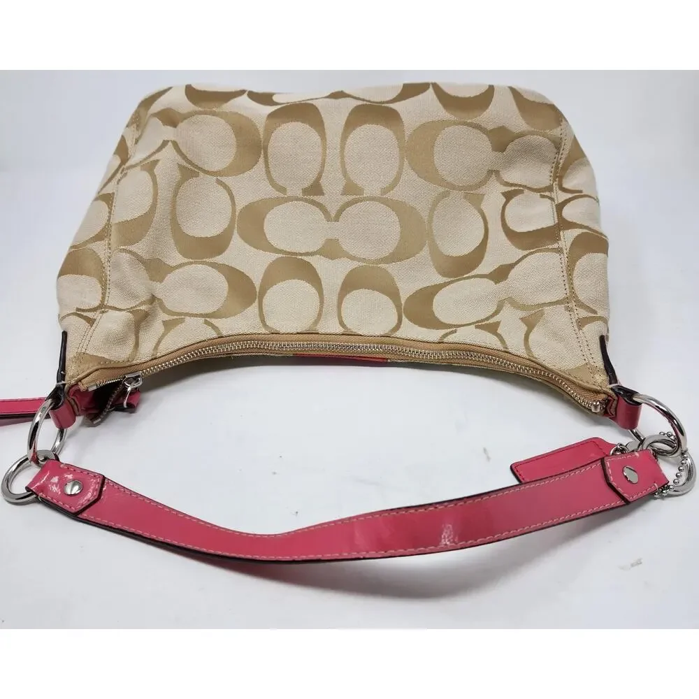 Vtg Y2K Coach Signature Stripe Hobo Shoulder Bag F19281 Khaki/Berry Pink